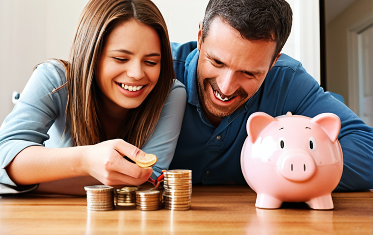 **
A visual representation of building an emergency fund for homeowners. The scene depicts a family looking relieved as they receive assistance for a home repair (e.g., a plumber fixing a leaky pipe). The background includes visual cues representing savings and financial security, such as a piggy bank, coins, and a graph showing steady growth. Emphasize the importance of being prepared for unexpected expenses. Style: Realistic, warm lighting.
**