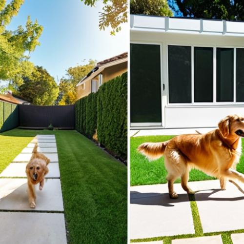Home 6 **A split-screen image:** On one side, a glamorous, modern kitchen with granite countertops and stainless steel appliances, impeccably clean and staged. On the other side, a happy golden retriever running and playing fetch in a large, green, fenced backyard, bathed in warm sunlight. The image should convey the contrast between aesthetic desires and practical needs in home buying. Style: Realistic photograph, bright and cheerful.