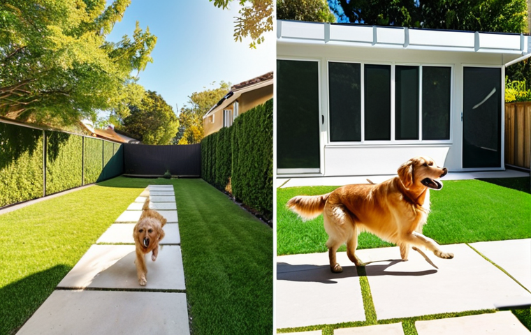**A split-screen image:** On one side, a glamorous, modern kitchen with granite countertops and stainless steel appliances, impeccably clean and staged. On the other side, a happy golden retriever running and playing fetch in a large, green, fenced backyard, bathed in warm sunlight. The image should convey the contrast between aesthetic desires and practical needs in home buying. Style: Realistic photograph, bright and cheerful.