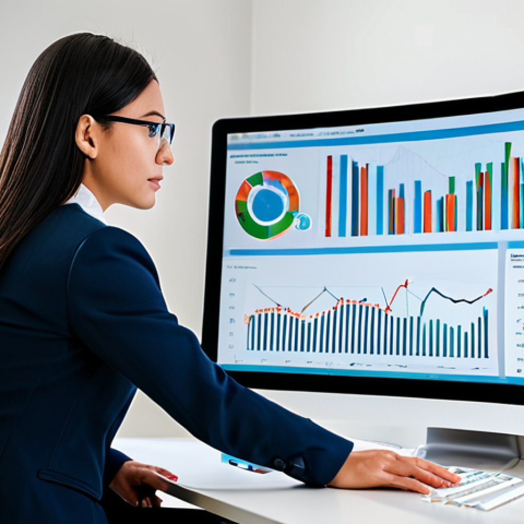 A professional woman, fully clothed in a modest business suit, seated at a modern desk, intently viewing a large, transparent digital screen displaying intricate real estate market data visualizations. The screen shows dynamic graphs, maps with heat overlays for hyper-local analytics, and predictive trend lines. Her hands are naturally positioned on a sleek tablet, interacting with the interface. The background is a clean, well-lit contemporary office space with subtle architectural details. The image conveys advanced technology, data-driven insights, and professional decision-making. Perfect anatomy, correct proportions, well-formed hands, natural body proportions, natural pose, professional dress, appropriate attire, safe for work, appropriate content, family-friendly.