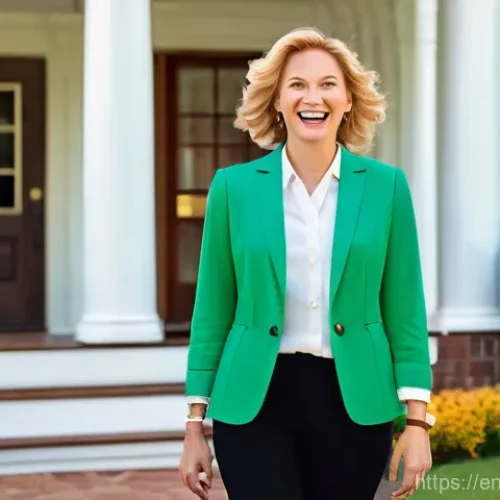 Home 24 주택 구매에 있어 신용 점수 관리의 중요성 - **Prompt:** A jubilant and confident adult woman, dressed in a sharp, modest business casual outfit ...