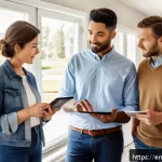 주택 구매를 위한 위험 관리 전략 - A detailed, realistic illustration of a diverse family meeting with a professional home inspector in...