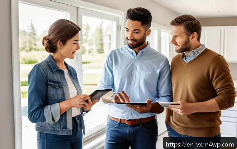 주택 구매를 위한 위험 관리 전략 - A detailed, realistic illustration of a diverse family meeting with a professional home inspector in...