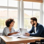 주택 구매 시 파트너와의 협력 방법 - A cozy, modern couple sitting at a bright kitchen table covered with financial documents, laptops, a...