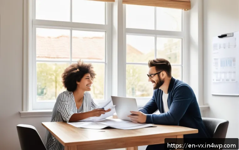 주택 구매 시 파트너와의 협력 방법 - A cozy, modern couple sitting at a bright kitchen table covered with financial documents, laptops, a...