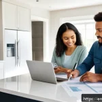 주택 구매 시 피해야 할 함정 - A detailed, realistic illustration of a diverse young couple reviewing a home purchase budget at a m...