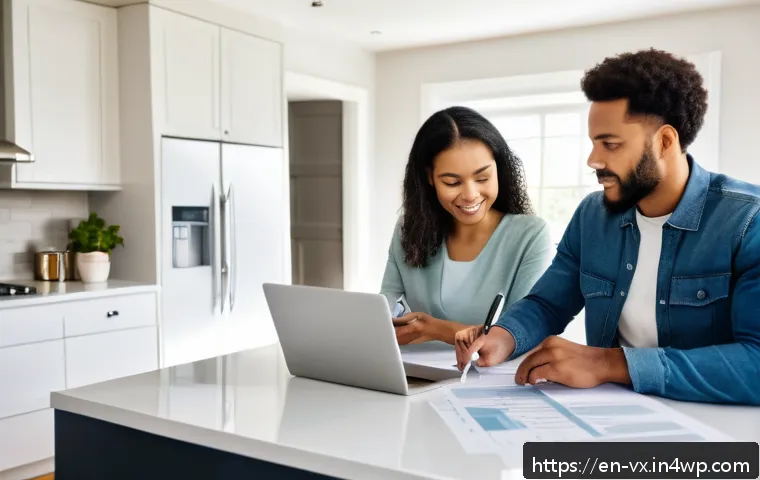 주택 구매 시 피해야 할 함정 - A detailed, realistic illustration of a diverse young couple reviewing a home purchase budget at a m...
